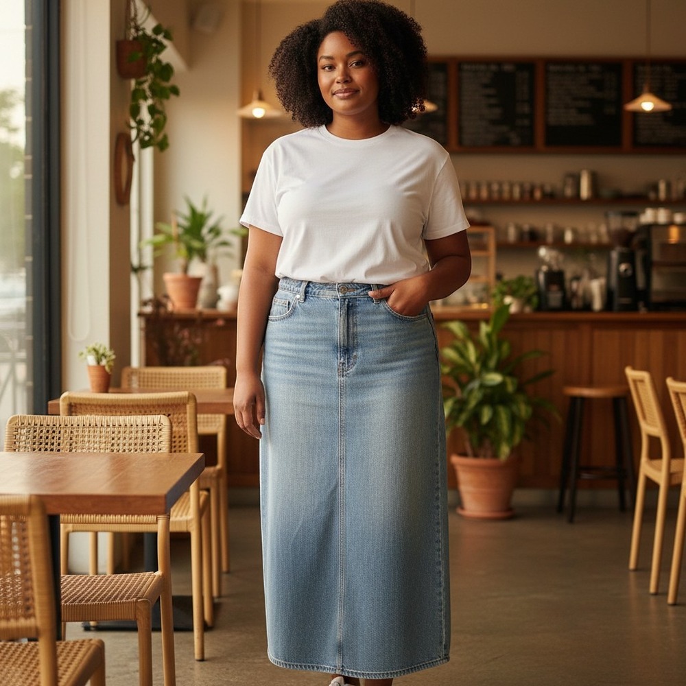 VTG Riders by Lee SZ 16 Flat Zip Front Denim Long Midi Calf Skirt Blue Back Slit